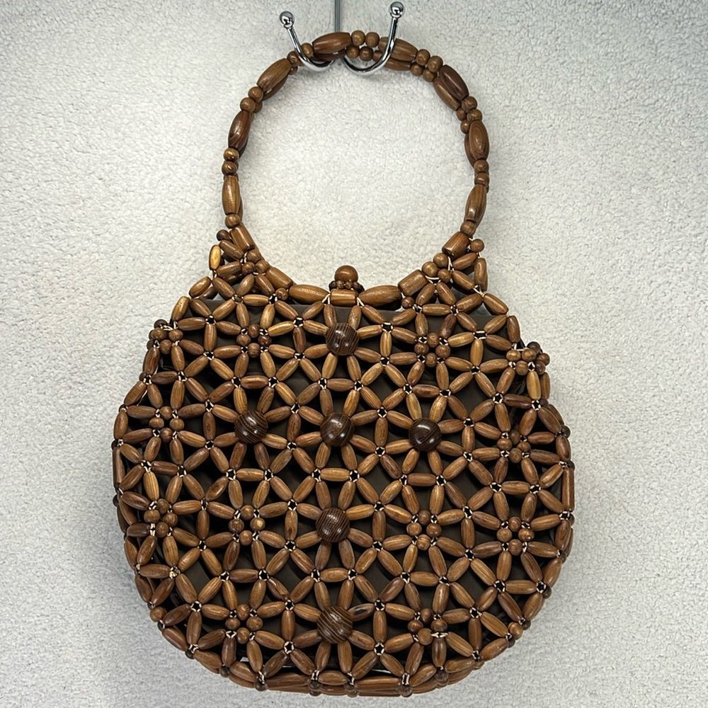 Vintage Wood Beaded Purse Handbag Lined MCM Hippie Floral Boho